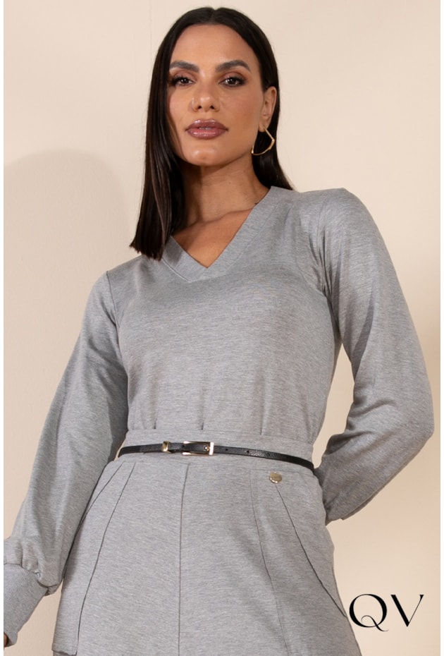 BLUSA MOLETINHO DECOTE V CINZA - LEKAZIS BLUSA MOLETINHO DECOTE V CINZA - LEKAZIS