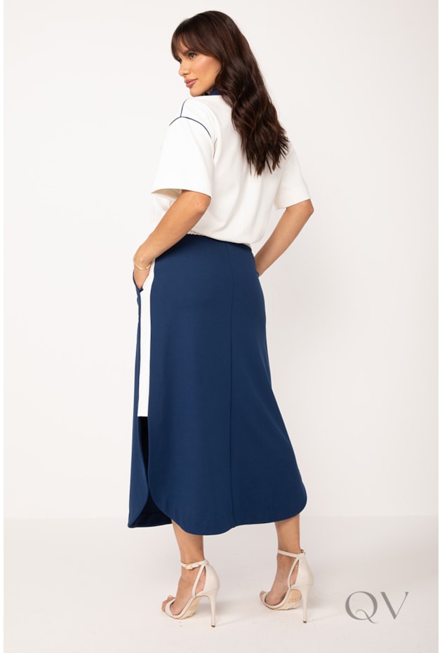 BLUSA POLO BICOLOR EM MALHA PONTO ROMA OFF E MARINHO - LEKAZIS