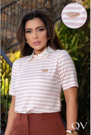 BLUSA POLO EM MALHA LISTRADA ROSA - LUZIA FAZZOLLI