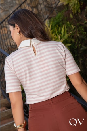BLUSA POLO EM MALHA LISTRADA ROSA - LUZIA FAZZOLLI