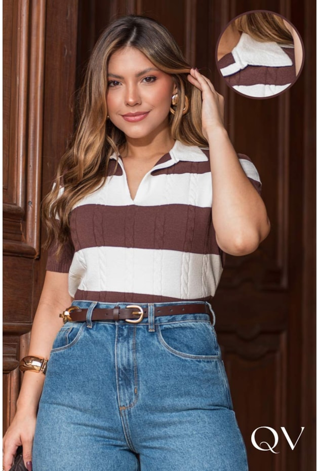 BLUSA POLO EM TRICOT LISTRADO MARROM - LUZIA FAZZOLLI BLUSA POLO EM TRICOT LISTRADO MARROM - LUZIA FAZZOLLI