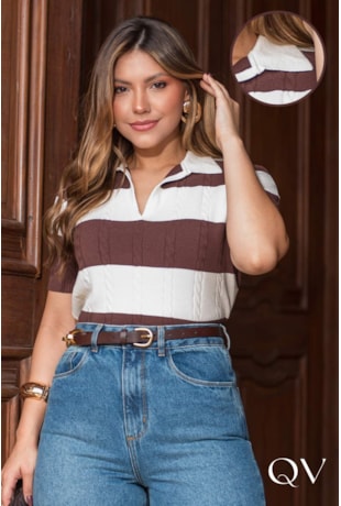 BLUSA POLO EM TRICOT LISTRADO MARROM - LUZIA FAZZOLLI