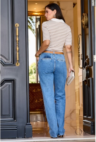 BLUSA POLO LISTRADA EM CANELADA BEGE - LUZIA FAZZOLLI