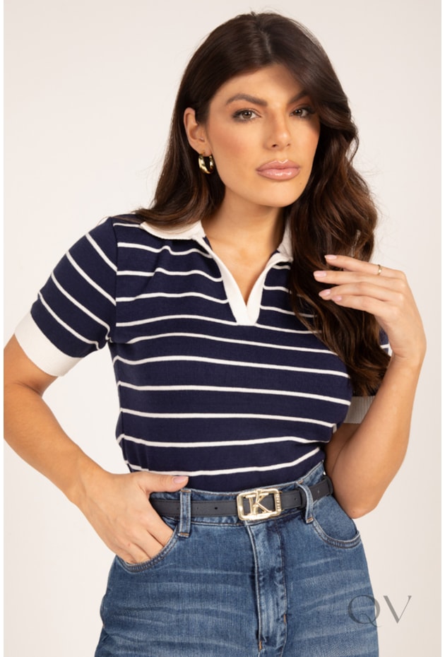 BLUSA POLO LISTRADA EM TRICOT MARINHO - LEKAZIS