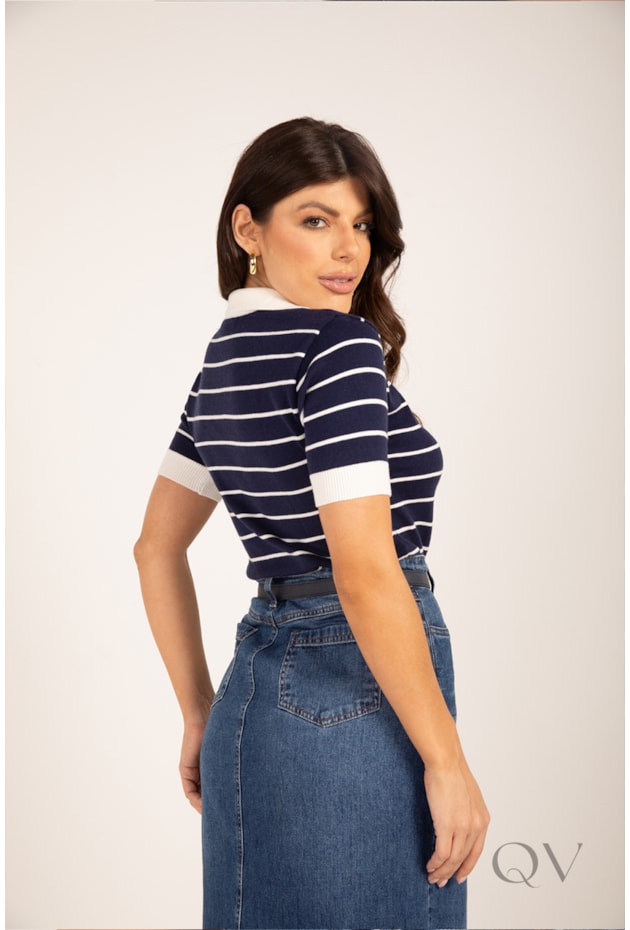 BLUSA POLO LISTRADA EM TRICOT MARINHO - LEKAZIS
