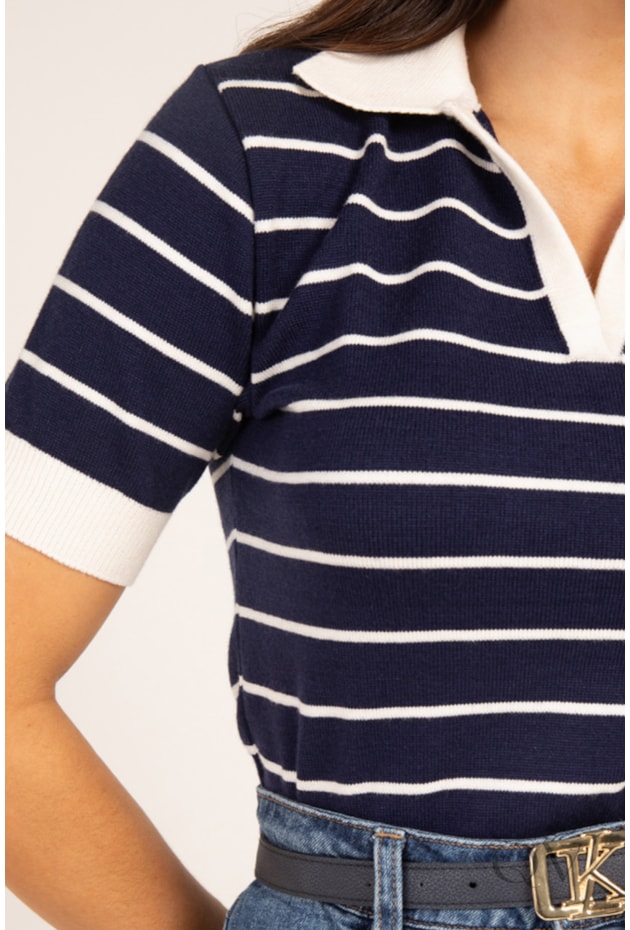 BLUSA POLO LISTRADA EM TRICOT MARINHO - LEKAZIS
