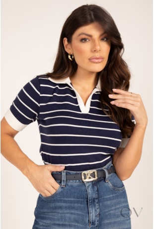 BLUSA POLO LISTRADA EM TRICOT MARINHO - LEKAZIS