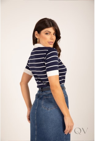 BLUSA POLO LISTRADA EM TRICOT MARINHO - LEKAZIS