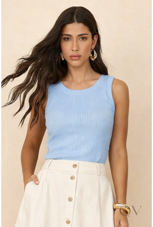 BLUSA REGATA CANELADA EM VISCOSE AZUL - ARTSY