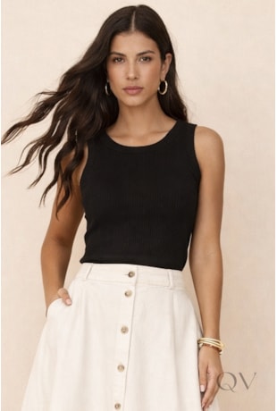 BLUSA REGATA CANELADA EM VISCOSE PRETO - ARTSY