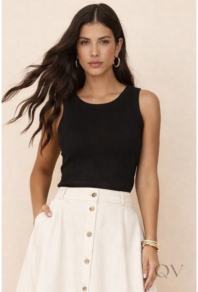 BLUSA REGATA CANELADA EM VISCOSE PRETO - ARTSY