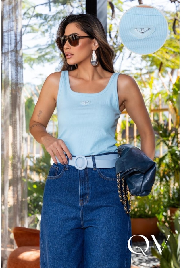 BLUSA REGATA EM MALHA CANELADA AZUL CLARO - LUZIA FAZZOLLI