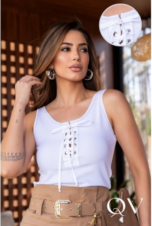 BLUSA REGATA EM MALHA CANELADA BRANCO - LUZIA FAZZOLLI