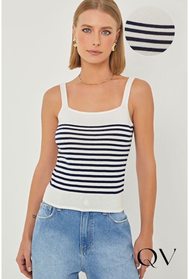 BLUSA REGATA EM TRICOT LISTRADA OFF WHITE - LINDA DE MORRER
