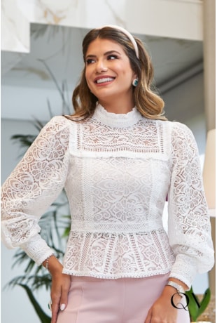BLUSA RENDA GOLA ALTA BRANCO - LUZIA FAZZOLLI