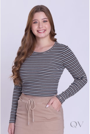 BLUSA RETA MANGA LONGA EM MALHA CANELADA LISTRADA MESCLA - HAPUK