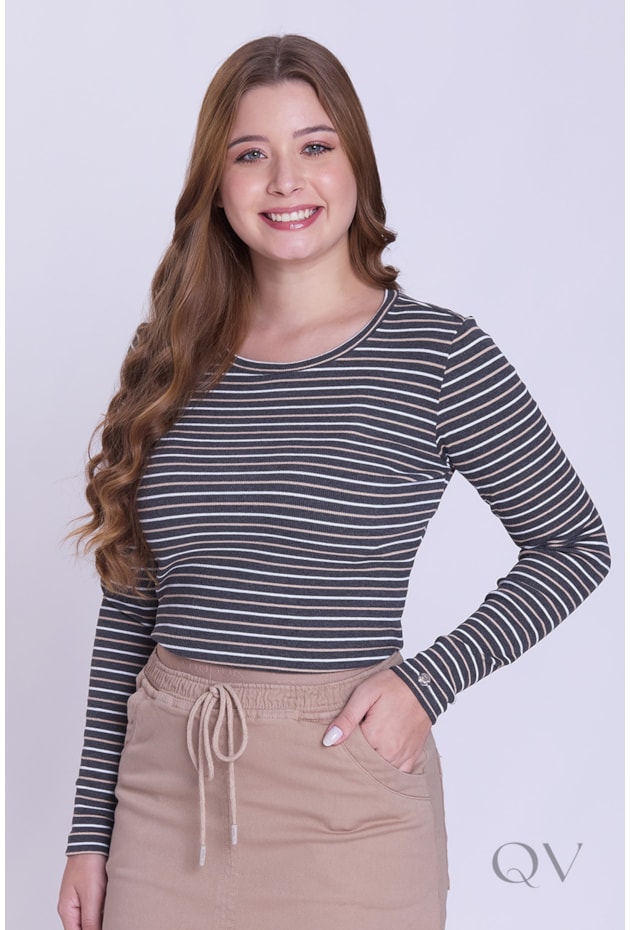 BLUSA RETA MANGA LONGA EM MALHA CANELADA LISTRADA MESCLA - HAPUK