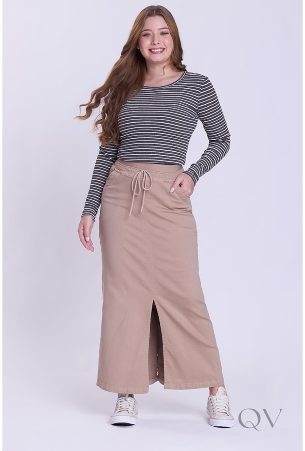 BLUSA RETA MANGA LONGA EM MALHA CANELADA LISTRADA MESCLA - HAPUK