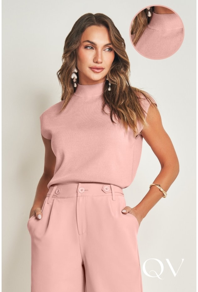 BLUSA SEM MANGA EM VISCOSE ROSÊ - DOCE TRAMA