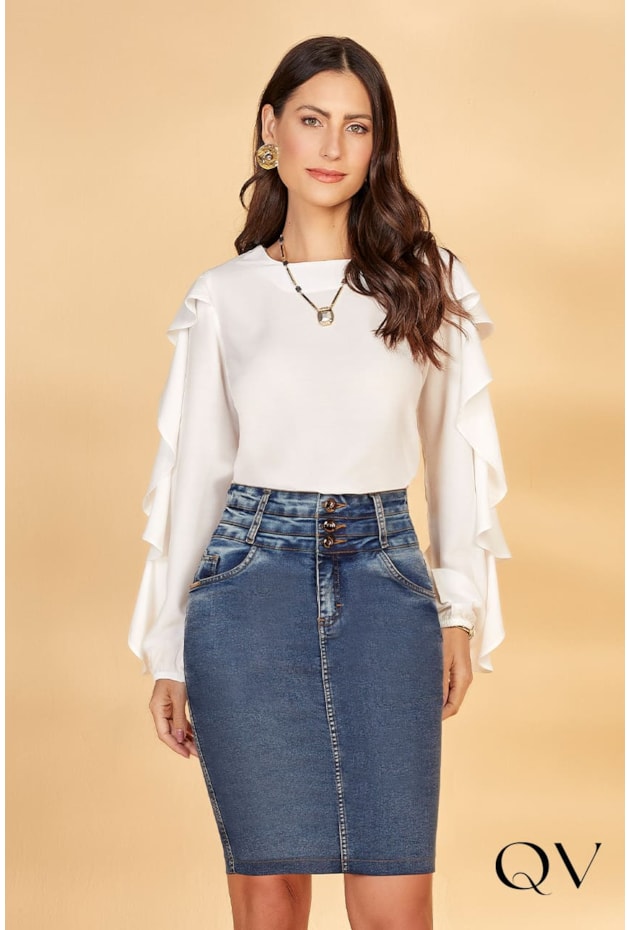 BLUSA TECIDO PLANO COM BABADOS OFF - TITANIUM JEANS