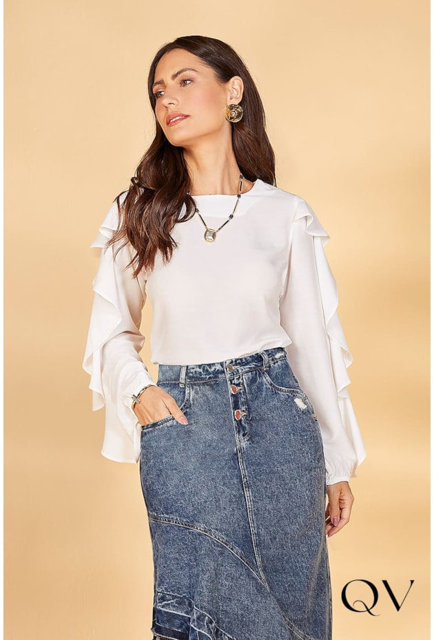 BLUSA TECIDO PLANO COM BABADOS OFF - TITANIUM JEANS