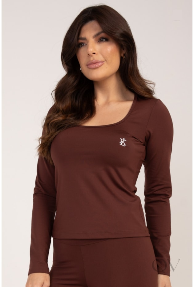 BLUSA TÉRMICA COM DECOTE U EM MALHA MARROM - LEKAZIS