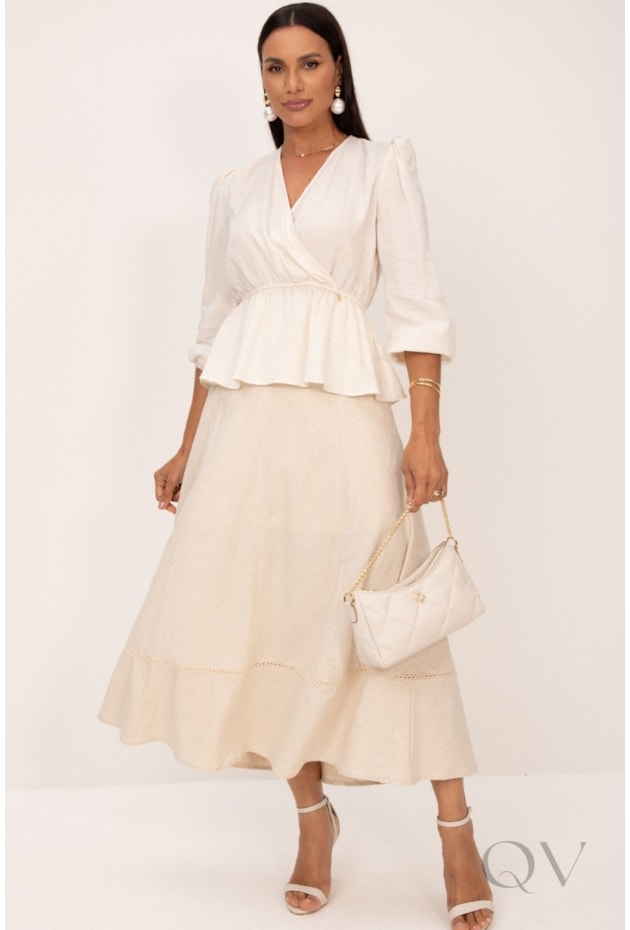 BLUSA TRANSPASSADA COM BABADO EM JACQUARD FLORAL OFF WHITE - LEKAZIS
