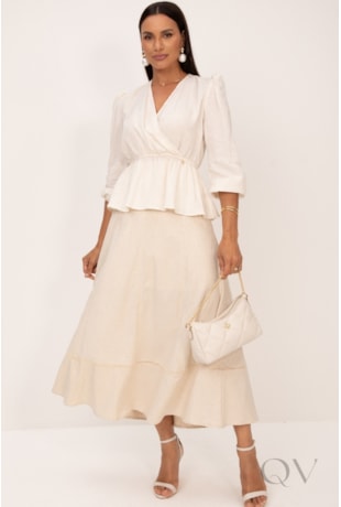 BLUSA TRANSPASSADA COM BABADO EM JACQUARD FLORAL OFF WHITE - LEKAZIS