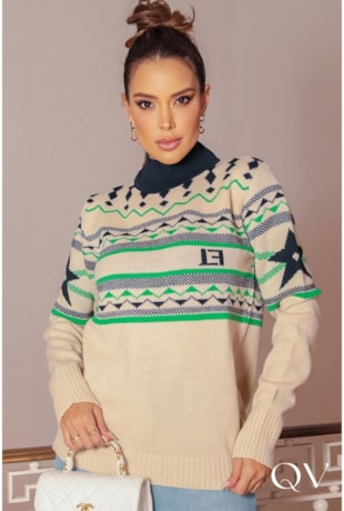 BLUSA TRICÔ GOLA ALTA ESTAMPADO BEGE - LUZIA FAZZOLLI