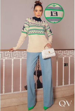 BLUSA TRICÔ GOLA ALTA ESTAMPADO BEGE - LUZIA FAZZOLLI