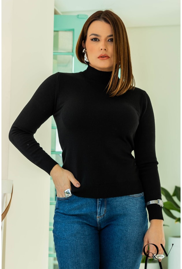 BLUSA TRICÔ GOLA ALTA PRETO - LUZIA FAZZOLLI