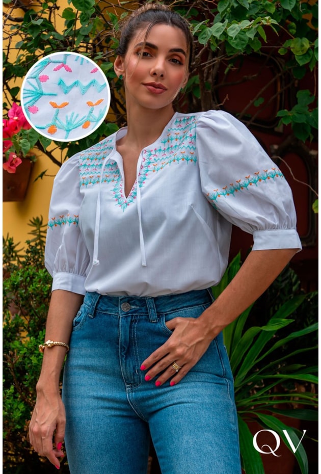 BLUSA TRICOLINE COM BORDADO BRANCO - LUZIA FAZZOLLI