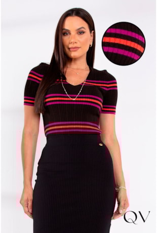 BLUSA TRICOT LISTRADA PRETA - LEKAZIS