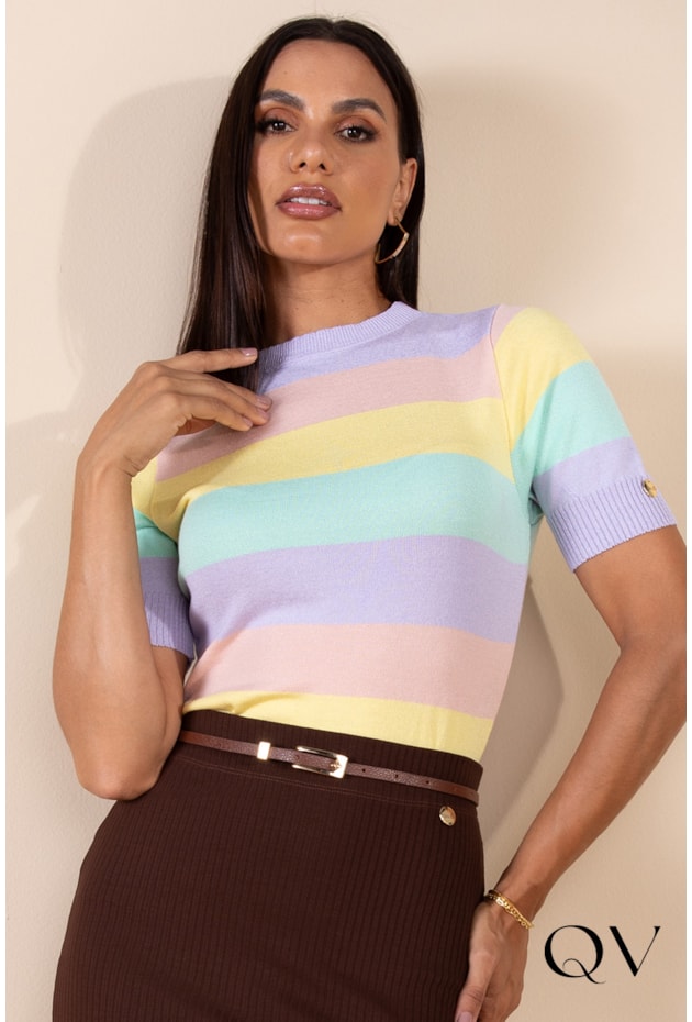 Blusa Tricot Listrado Colorido Lekazis QVestido Moda Executiva