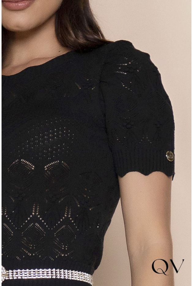 BLUSA TRICOT MANGA CURTA PRETO - LEKAZIS