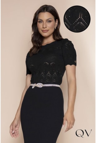 BLUSA TRICOT MANGA CURTA PRETO - LEKAZIS