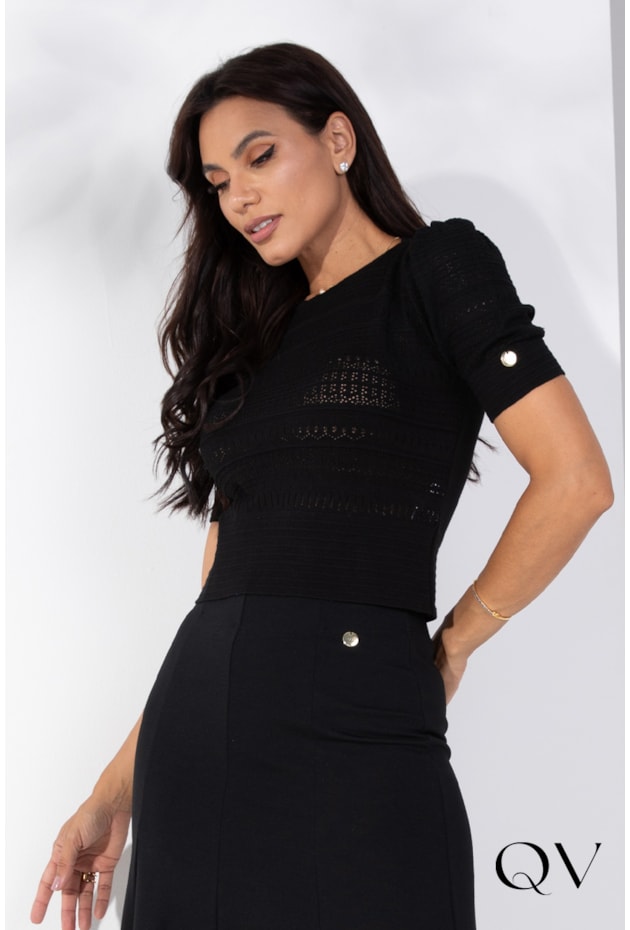 BLUSA TRICOT RENDADO PRETO - LEKAZIS