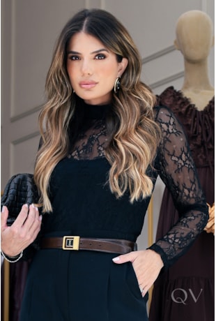 BLUSA TULE BORDADO EM RENDA PRETO - LUZIA FAZZOLLI