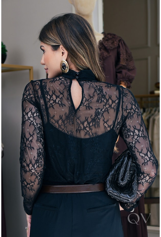 BLUSA TULE BORDADO EM RENDA PRETO - LUZIA FAZZOLLI