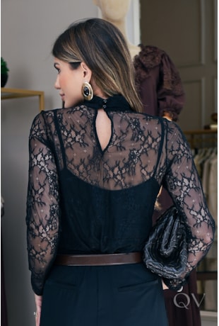 BLUSA TULE BORDADO EM RENDA PRETO - LUZIA FAZZOLLI
