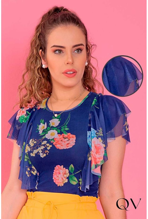 BLUSA TULE DECOTE REDONDO FLORAL AZUL - PURO SHARMY BLUSA TULE DECOTE REDONDO FLORAL AZUL - PURO SHARMY