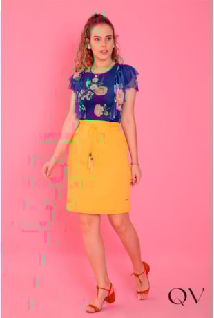 BLUSA TULE DECOTE REDONDO FLORAL AZUL - PURO SHARMY