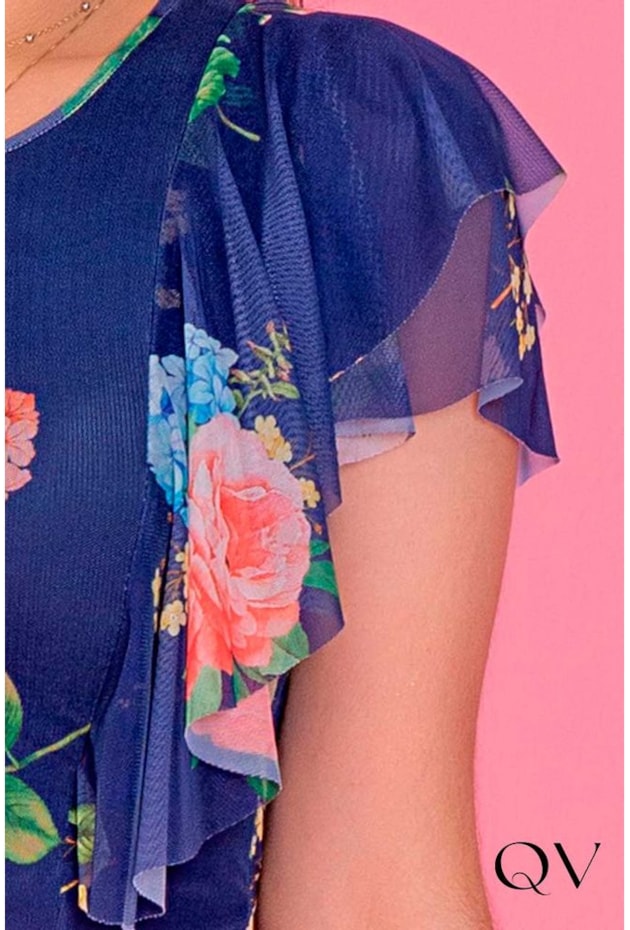 BLUSA TULE DECOTE REDONDO FLORAL AZUL - PURO SHARMY BLUSA TULE DECOTE REDONDO FLORAL AZUL - PURO SHARMY