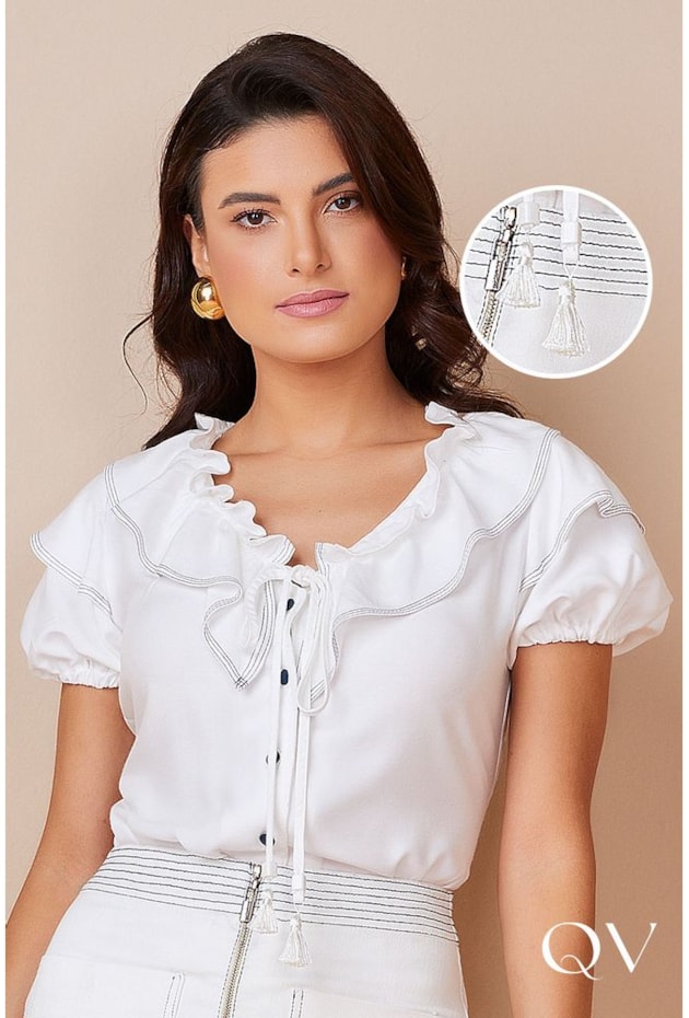 BLUSA VISCOSE COM BABADO OFF WHITE - TITANIUM JEANS BLUSA VISCOSE COM BABADO OFF WHITE - TITANIUM JEANS