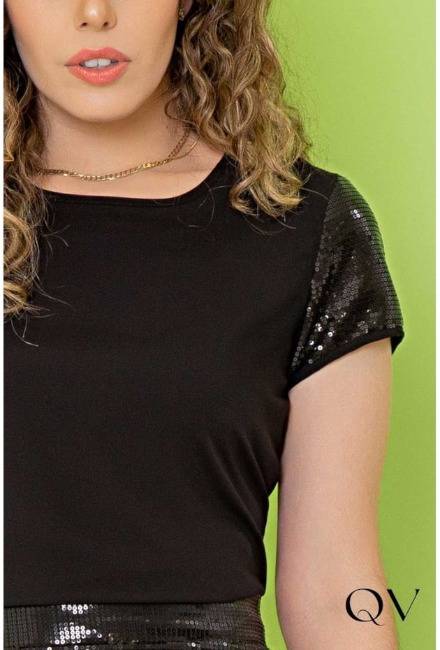 BLUSA VISCOSE COM PAETÊ PRETO - PURO SHARMY