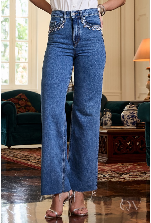 CALÇA BORDADA EM JEANS ESCURO - LUZIA FAZZOLLI
