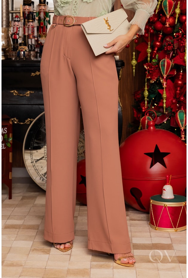 CALÇA COM CINTO EM ALFAIATARIA BEGE - LUZIA FAZZOLLI