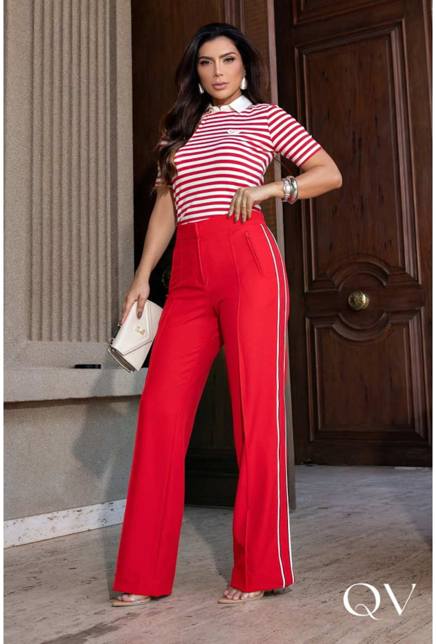 CALÇA EM CREPE COM VIVOS LATERAL VERMELHO - LUZIA FAZZOLLI