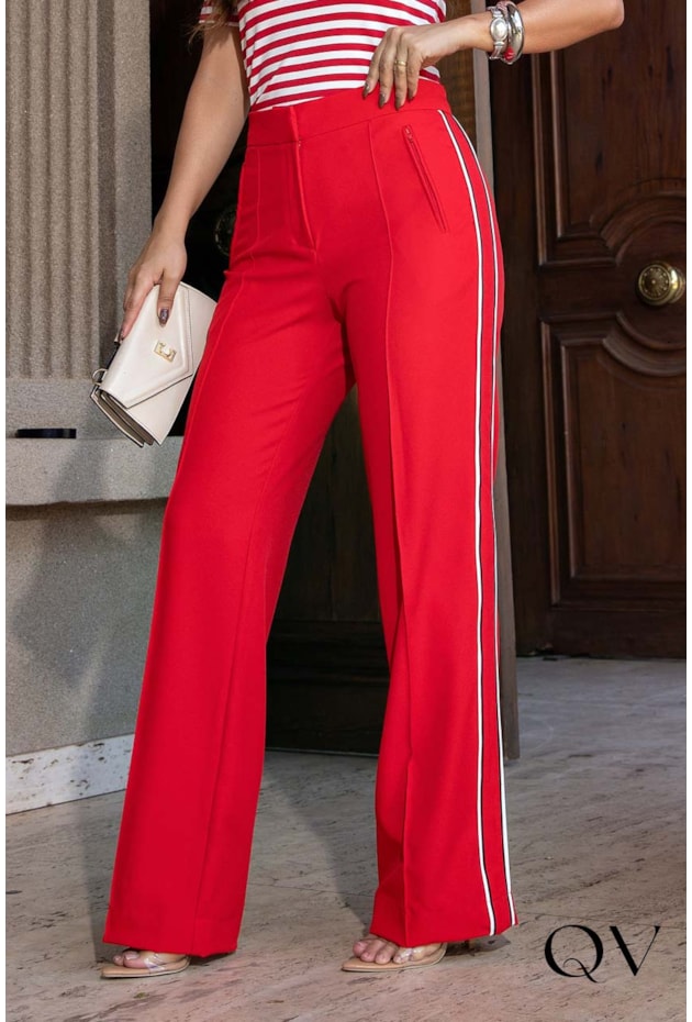 CALÇA EM CREPE COM VIVOS LATERAL VERMELHO - LUZIA FAZZOLLI