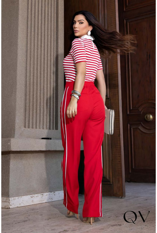 CALÇA EM CREPE COM VIVOS LATERAL VERMELHO - LUZIA FAZZOLLI